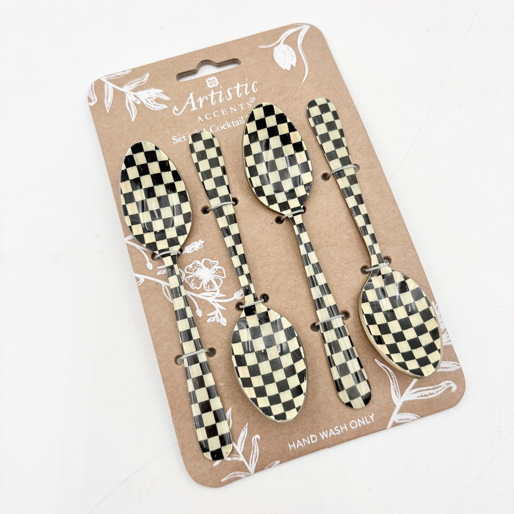 Artistic Accents Set of 4 Cocktail Spoons Black Ivory Checkered Harlequin New